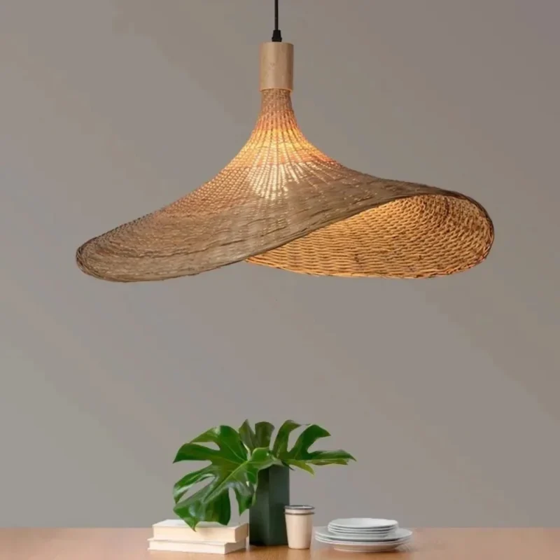 Pendant Light Rattan Hanging Lights Cord Bamboo Hanging Lamp Dimmable Basket Lamp Shade,Hemp Rope Plug in Ceiling Light Fixture 5