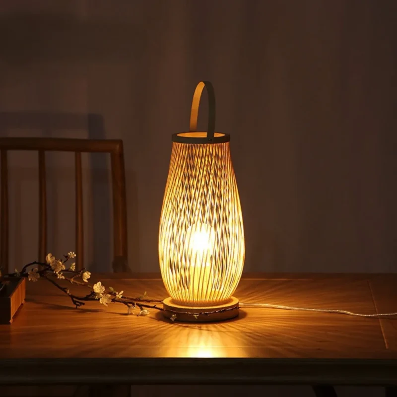 Vintage Bamboohandicraft Table Lamps Handmade Bedroom Bedside Desk Lights Living Room Decor Warm Bamboo Wood Lamp 6