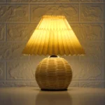 Vintage Rattan Table Lamp with Pleated Fabric Lampshade E27 Tricolored Bulb Ceramic Base Cute LED Desk Light for Bedroom Study 1