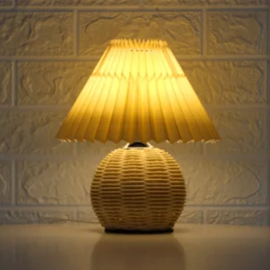 Vintage Rattan Table Lamp with Pleated Fabric Lampshade E27 Tricolored Bulb Ceramic Base Cute LED Desk Light for Bedroom Study 1